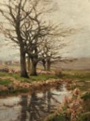 Jose Weiss (1859-1919) France, a tree lined river landscape, oil on panel, signed, 13