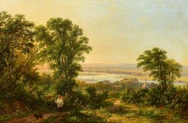 John Frederick Tennant (1796-1872) British, a wayfarer on a country path with a river and town in