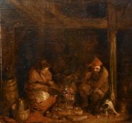 Flemish School, Probably 18th Century, figures and their dog gathered around a fire, oil on