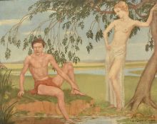 Margaret Maitland Howard (1898-1983), scantily clad figures by a pool of water, oil on canvas,