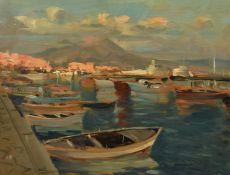 Carelli, 20th Century Italian School, boats in a quay with mountains beyond, oil on panel, signed,