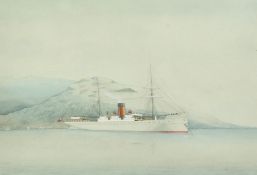 British School, Circa 1890, A Castle Line Ship moored off a headland, inscribed verso 'Off