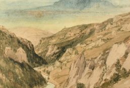 Circle of William James Muller, a landscape view through a rocky valley, watercolour, 9