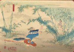 Ogata Gekko (1859-1920), a Japanese woodblock print of figures in a landscape, 9