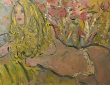 Kanwaldeep Singh Kang 'Nicks', (1964-2007), a study of a female figure lying amongst flowers, oil on