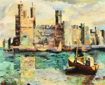 20th Century, a view of Caernarfon Castle, oil on board, 16