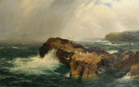 James H.C. Millar (1863-1929), gulls gathering in a rocky outcrop with a coastal view beyond,