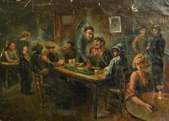Mid-20th Century Dutch School, a tavern scene with men playing cards, oil on canvas, 28 x 39.5