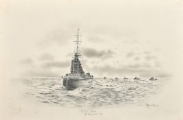 Herbert Wynn Hellings (1873-1948) 'H.M.S. Nelson off Weymouth 1938', watercolour and pencil,