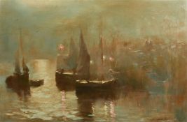 John Baragwanath King (1864-1939), shipping moored at a quay with glowing harbour lights, oil on