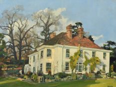 Modern British School, a white manor house with a red-tiled roof, oil on canvas, signed Moore, 14