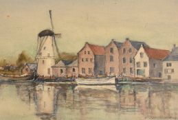 P. Harrison, Circa 1975, figures and barges by a quay with a windmill, watercolour, signed, 10
