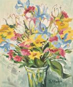 German School, 20th Century, still life of mixed flowers in a vase, oil on canvasboard, signed Hahn,