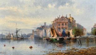 Karl Herink / Karl Kauffman (1843-1902), sailboats moored at a town quay, oil on canvas, signed,