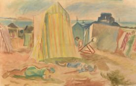 Iosif Iser (1881-1958) Romanian, figures resting on a beach, ink and watercolour, signed, 12.25