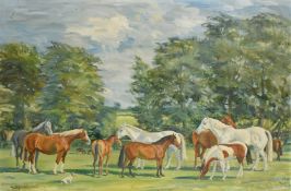 K. Money, Australian, A group of horses and three dogs in a landscape, signed and dated 1961, oil on