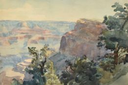 American School, Early 20th Century, a view from a cliff, watercolour, 8.25