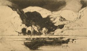 David Young Cameron, a mountain lake scene, etching, unsigned, plate size 3.5