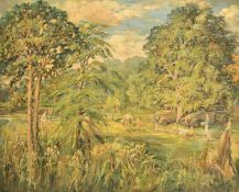 Charles Octavius Wright (20th Century), families meeting for a picnic with some figures preparing to