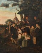 19th Century Continental School, figures gathered around an apothecary at a market, oil on canvas,