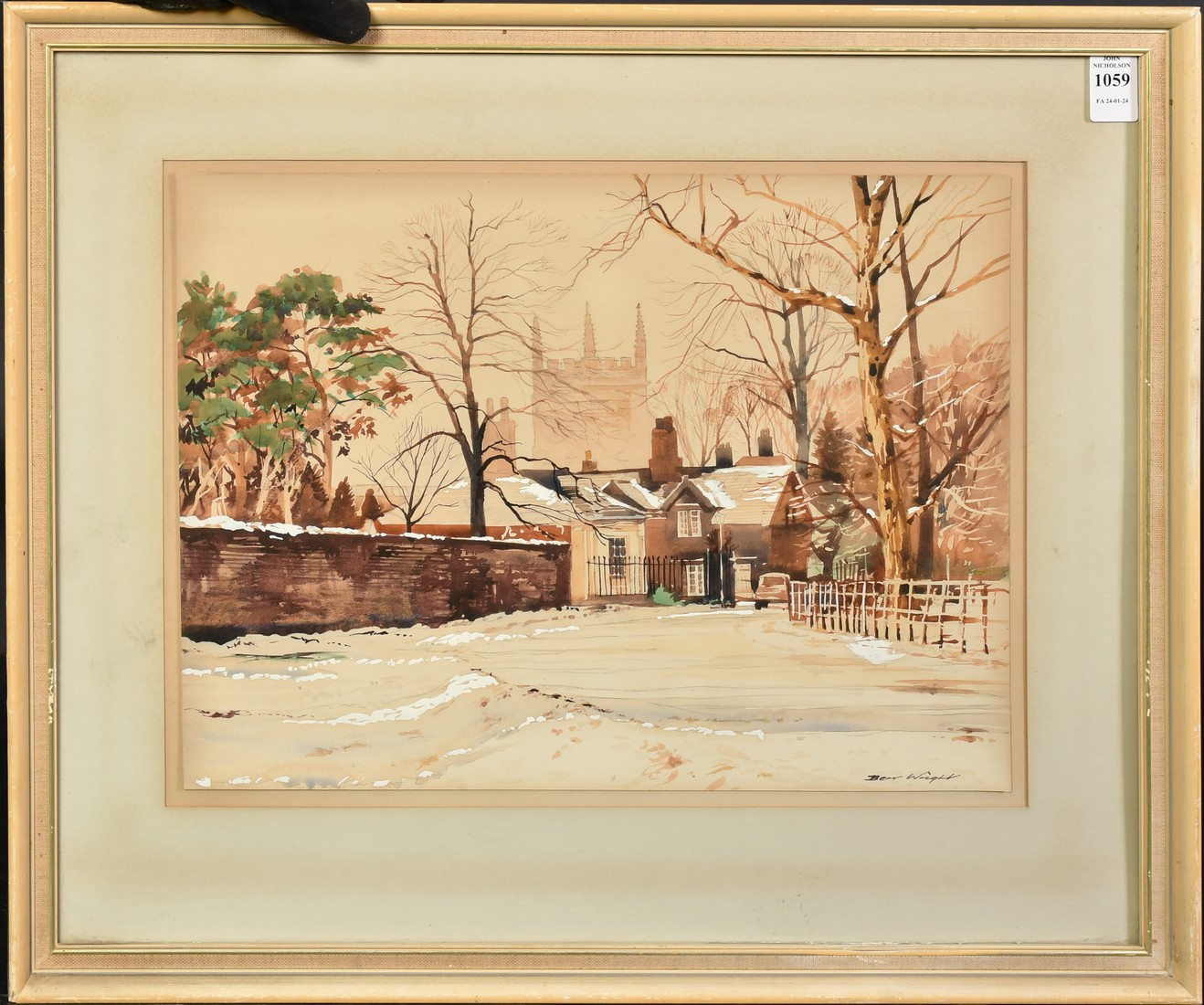 Bert Wright (b. 1930), a winter scene outside cottages and a church, watercolour and gouache, - Image 2 of 4