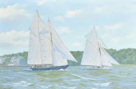 Ron Charles Mitchell (b. 1960), classic yachts racing off of Cowes, oil on canvas, signed and