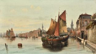 Karl Kauffmann (1843-1902) Austrian, boats moored on a Venetian quay, oil on canvas, signed F.
