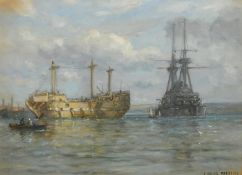 Arthur Wilde Parsons (1854-1931), 'Change', a naval ship rounding a hulk, oil on canvas, signed,