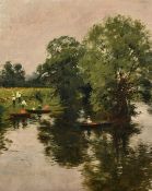 English School, Early 20th Century, elegant figures in rowing boats, oil on canvas, 13.25