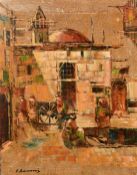 Haidar Hamaoui (1937-2013) Lebanese, figures in a busy street, oil on canvas, signed, 19.75