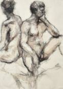 A nude study of a man and woman, charcoal and wash, indistinctly signed in pencil, 32.5
