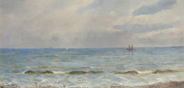 English School, Circa 1897, ships passing on a horizon with seagulls on the shore, oil on canvas,