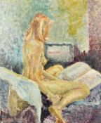 Frank Dobson (1888-1963), a seated female nude studying a book, oil on canvas, inscribed verso,
