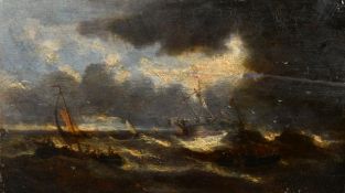 19th Century Continental, ships rolling in heavy seas, oil on panel, 9