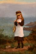 Frank Brooks (1854-1937) British, a young girl knitting on a coastal path, oil on canvas, signed and