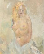 Frank Dobson (1888-1963), a half length study of a female nude with blonde hair, oil on board, 24