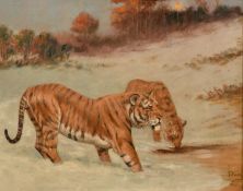 George Paice (1854-1925), two tigers feeding at dusk in a snowy landscape, oil on canvas, signed,