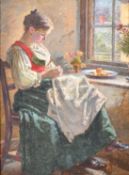Carl Kricheldorf (1863-1934) German, a young female in traditional dress sat sewing by a window, oil