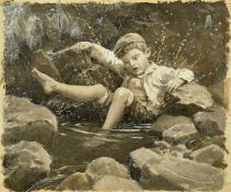 Percy Tarrant (1855-1934), 'In the Brook', a small boy falling in rocky brook, oil on board, 4.25