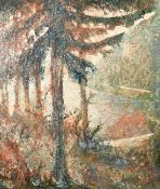 20th Century School, a scene of a bay with palm trees in the foreground, oil on panel, 25.5