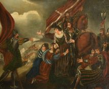 19th Century Continental School, figures being captured on a battlefield, oil on board, 17