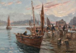 William J. McCallien, Circa 1900, Scottish, fishermen sorting the catch as boats near the quay at