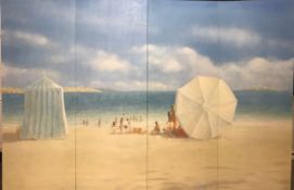 Lincoln Seligman (b. 1950), a scene of figures on a beach on a summer's day, acrylic on board,