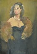 Attributed to Montague Leder (1897-1976), an oil on paper portrait of a lady in evening dress, 20
