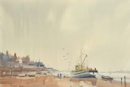 Sydney Vale (1916-1991), 'Leigh Waterfront', watercolour, signed, exhibition label verso, 13.5