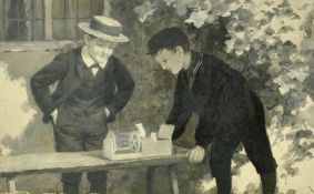 Percy Tarrant (1855-1934), two young boys with their pet mice, oil on board, 4.25