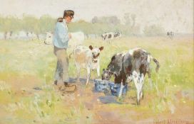 Robert Meyerheim (1847-1920), 'In Holland', a figure feeding calves, watercolour, signed, 3.5