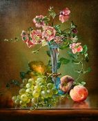 Cecil Kennedy (1905-1997), a still life of flowers in a bulbous glass vase with grapes and