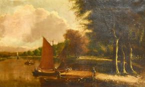 Norwich School, Crica 1885, figure on a jetty with sailboats on a river, oil on canvas, indistinctly