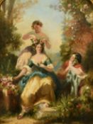 Attributed to Charles Baxter (19th Century), elegant female figures with floral garlands, oil on
